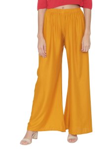 N-Gal Rayon Women's Wide Leg Elastic Waist Band Breathable Plain Palazzo Pant_Mustard