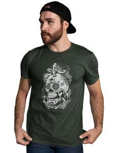 Tattooded Cranium Green Round Neck Cotton Half Sleeved T-Shirt with Printed Graphics