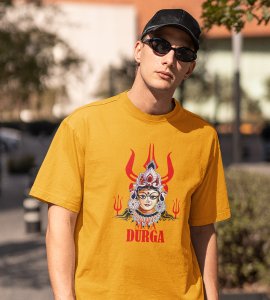 Durga maa (3 trishuls) printed unisex adults round neck cotton half-sleeve yellow tshirt specially for Navratri festival/ Durga puja