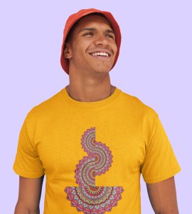 Designable semi-curved mandala colourful art printed diwali themed unisex round neck blended yellow t-shirt specially for diwali festival