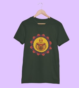 Rangoli mandala art (diya) printed diwali themed unisex round neck blended green t-shirt specially for diwali festival