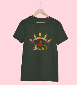 Classic earthen lamp /diyas vertically bended printed diwali themed round neck green t-shirt specially for diwali festival