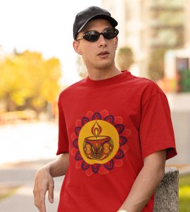 Rangoli mandala art (diya) printed diwali themed unisex round neck blended red t-shirt specially for diwali festival