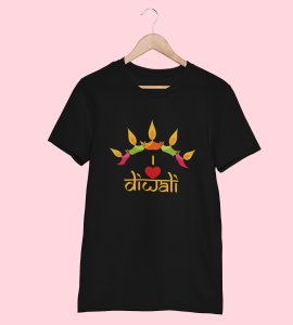 Classic earthen lamp /diyas vertically bended printed diwali themed round neck black t-shirt specially for diwali festival