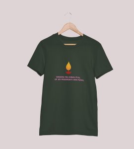 Wishing you printed diwali themed unisex round neck blended green t-shirt specially for diwali festival