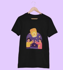 Air balloon & animated couple printed diwali themed unisex round neck blended black t-shirt specially for diwali festival