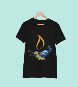 Peacock rangoli printed diwali themed unisex round neck blended black t-shirt specially for diwali festival