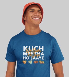 Kuch meetha ho jaye printed diwali themed unisex round neck blended blue t-shirt specially for diwali festival