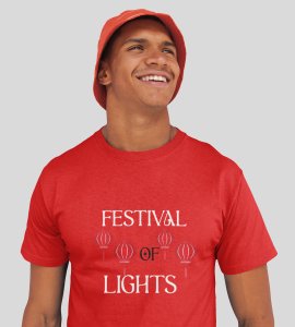 Festival of lights text printed diwali themed unisex round neck blended red t-shirt specially for diwali festival