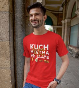 Kuch meetha ho jaye printed diwali themed unisex round neck blended red t-shirt specially for diwali festival