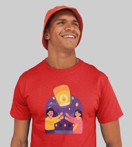 Air balloon & animated couple printed diwali themed unisex round neck blended red t-shirt specially for diwali festival