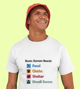 Basic human needs printed diwali themed unisex round neck blended white t-shirt specially for diwali festival