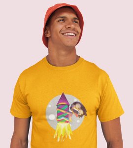 Baby cracker printed diwali themed unisex round neck blended yellow t-shirt specially for diwali festival